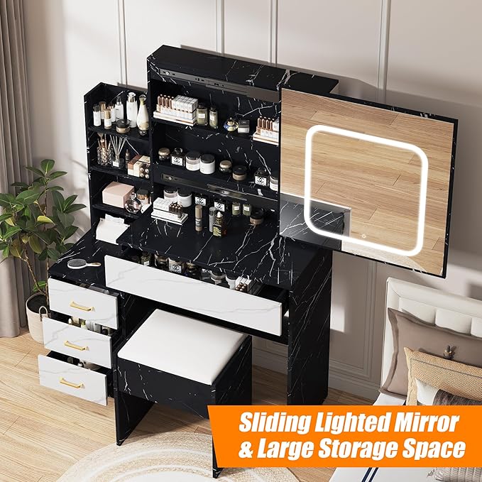 Vanity Desk With Sliding Mirror and LED Light, Makeup Vanity Set With Power Outlet, 3 Color Adjustable Light, Dressing Table With 4 Drawers, Storage Shelve & Stool for Bedroom, Marble-Black & White