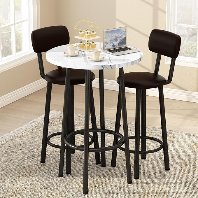 DKLGG Dining Table Set for 2 - 24" Round Kitchen Table With MDF Tabletop & 2 PU Leather Chairs, Bar Pub Set for Small Space Kitchen Living Room Apartment, White