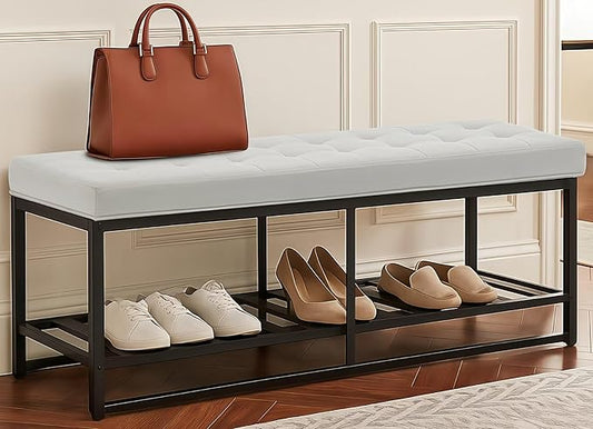 Rectangular Upholstered Tufted Linen Ottoman Storage Bench, Large Footrest Ottoman with Iron Base, White End of Bed Bench for Entryway, Living Room, Bedroom
