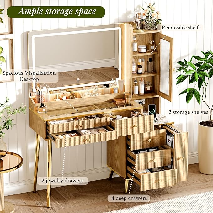 Vanity Desk with 35.12" HD Lighted Mirror, 46.85" Big Modern Vanity Desk with Mirror and Lights, Makeup Vanity with 7 Drawers and Storage Shelves and Charging Station, Oak