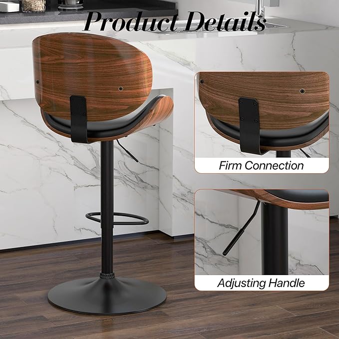 Adjustable Swivel Bar Stools 1 PC, Modern Bentwood Barstool with Large Metal Base and Footrest, PU Leather Upholstered Bar Chair with Curved Back for Kitchen Island Dining Room, Black