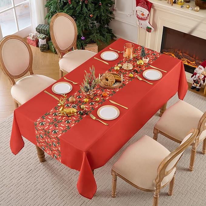 Christmas Tablecloth Rectangular 60x102 Inch Waterproof Table Cloth for 6ft, Washable Polyester Table Cover for Xmas Party, Winter Holiday Home Decoration in Festive Red 1pack