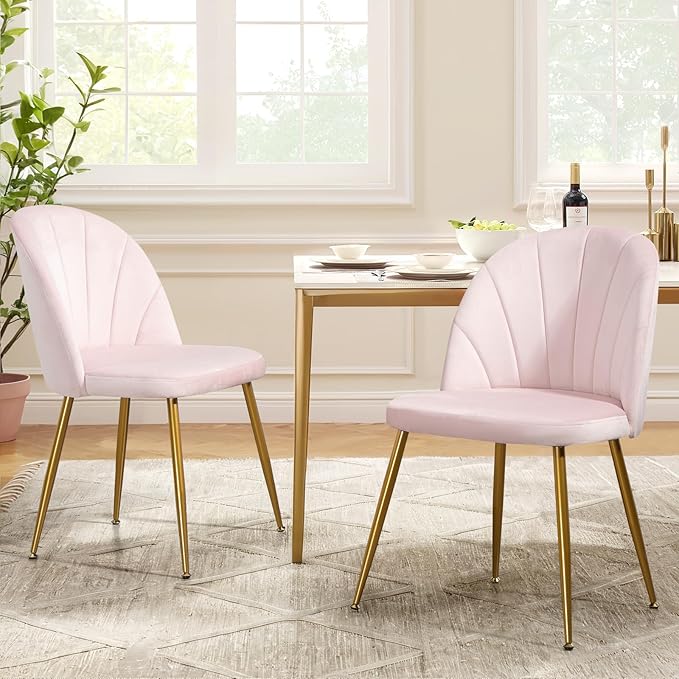 Velvet Dining Chairs Set of 6, Upholstered Mid Century Modern Dining Chairs, Armless Accent Chair with Metal Gold Legs for Living Room, Kitchen, Dining Room, Pink