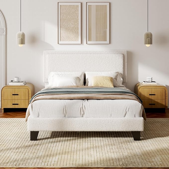 Queen Bed Frame with Adjustable Headboard, Boucle Cloud Platform Bed with Wood Slats, Mattress Foundation, No Box Spring Needed, Easy Assembly, Beige