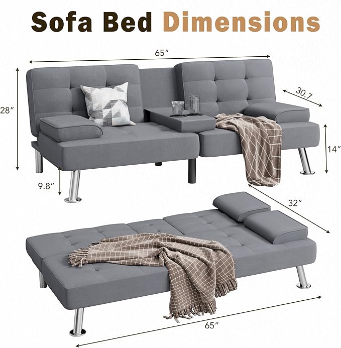 Shahoo Modern Linen Upholstered Convertible Folding Futon Sofa Bed with Removable Armrests, Metal Legs, 2 Cup Holders for Living Room, Light Grey