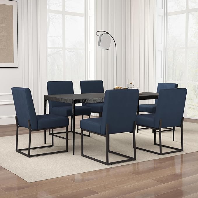 VKNOW Upholstered Dining Chairs Set of 6, Modern Dining Room Chairs, Linen Kitchen Chair Dinner Chair with Black Metal Base for Kitchen Office, Blue-Unstriped