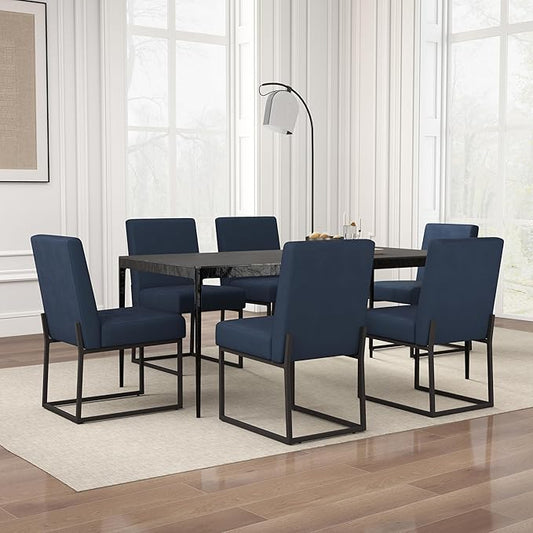 VKNOW Upholstered Dining Chairs Set of 6, Modern Dining Room Chairs, Linen Kitchen Chair Dinner Chair with Black Metal Base for Kitchen Office, Blue-Unstriped