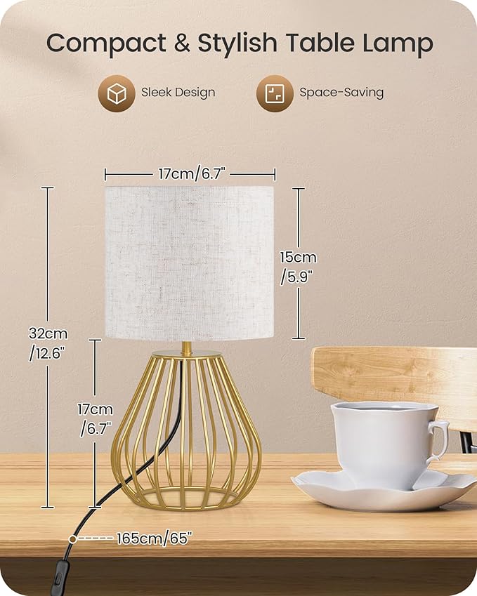 Gold Bedside Table Lamp, 12.6'' Small Table Lamp with Beige Linen Lampshade & Gold Teardrop Cage, Modern Little Cute Desk Lamp for Bedroom, Living Room, 2700K LED Bulb Included DE06TL05