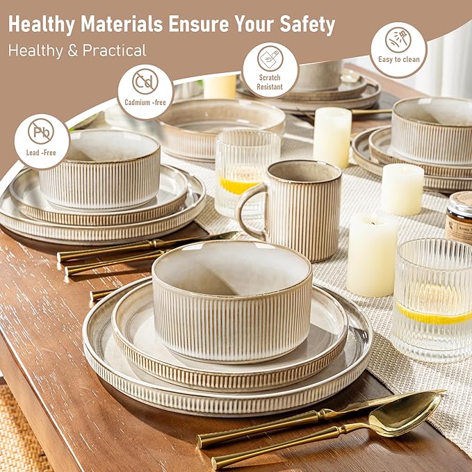 GBHOME Stoneware Dinnerware Sets for 8,Round Reactive Glaze Ceramic Plates and Bowls Set,Highly Scratch Resistant| Dishwasher & Microwave Safe Dishes Set,Service for 8(24pc)，Cappuccino