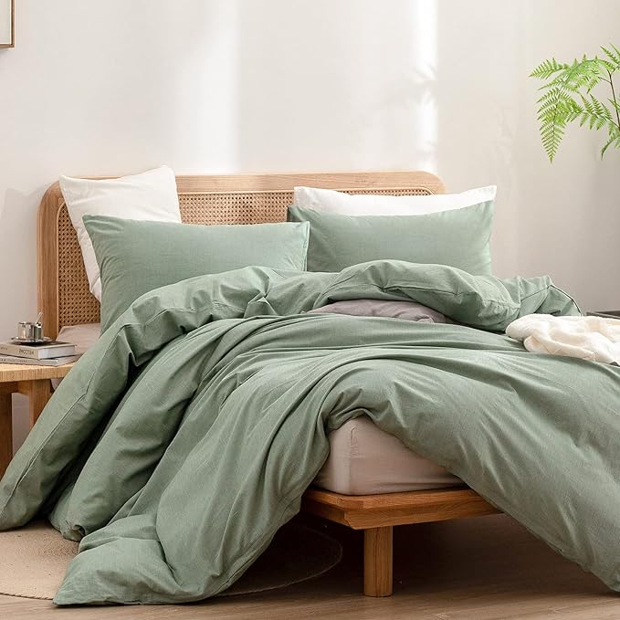 BESTOUCH Duvet Cover Set 100% Washed Cotton Linen Feel Super Soft Comfortable Chic Lightweight 3 PCs Home Bedding Set Solid Green Full/Double
