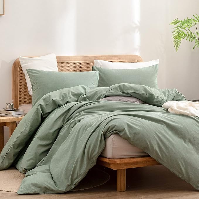BESTOUCH Duvet Cover Set 100% Washed Cotton Linen Feel Super Soft Comfortable Chic Lightweight 3 PCs Home Bedding Set Solid Green Queen
