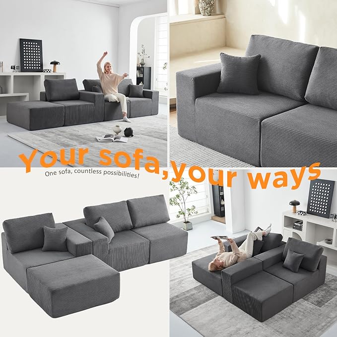 INGEROOM 108" Cloud Sectional Couch with Chaise, Modular L-Shaped Sofa Deep Seat Comfy Corduroy Memory Foam Couch for Living Room Bedroom, No Assembly Required, Dark Gray