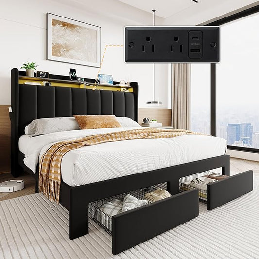 SHA CERLIN Velvet Queen Bed Frame with Vertical Channel Tufted Wingback Headboard & 2 Storage Drawers/2-Tier Shelves with LED Lights & Charging Station/Noise-Free/No Box Spring Needed/Black