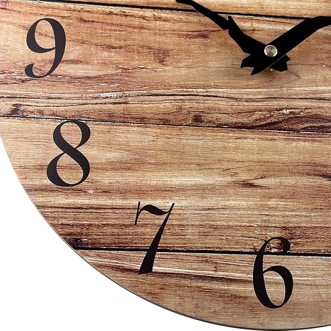 Plumeet Wall Clock, 12'' Frameless Wooden Wall Clocks with Silent Quartz Movement, Rustic Country Village Walnut Clocks Decorative for Kitchen Bedroom Living Room, Brown