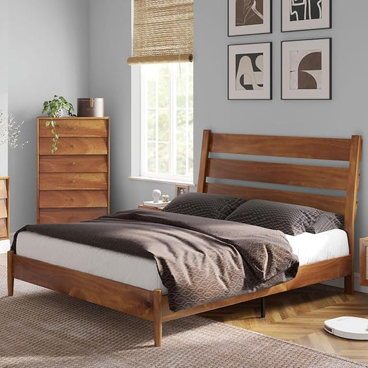 VanAcc Solid Wood Full Bed Frame, Platform Bed with Reclining Slatted Headboard, Mid Century Bed Frame with Wood Slat Support, Light Brown