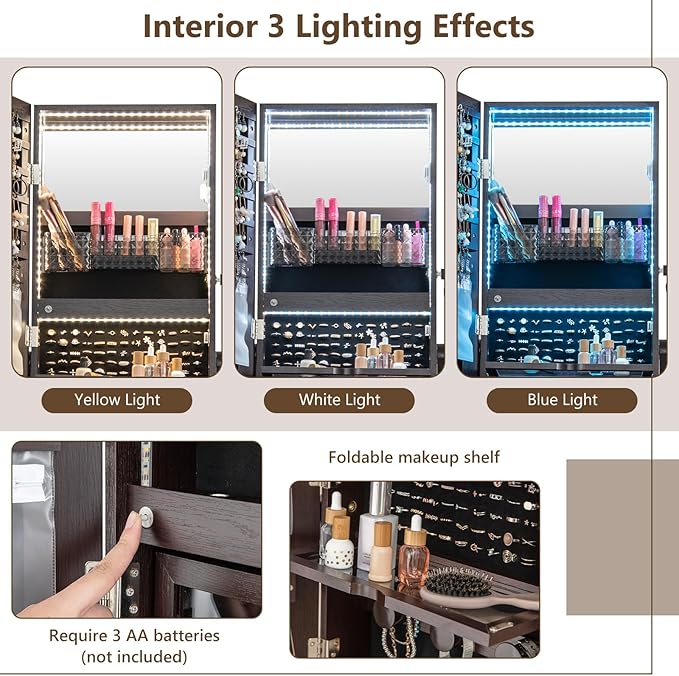 GOFLAME Standing Jewelry Cabinet Armoire with Wheels, Lockable Jewelry Storage Organizer with Full Length Mirror, 3-Color LED Lights, Interior Makeup Mirror, Jewelry Armoire for Bedroom (Brown)