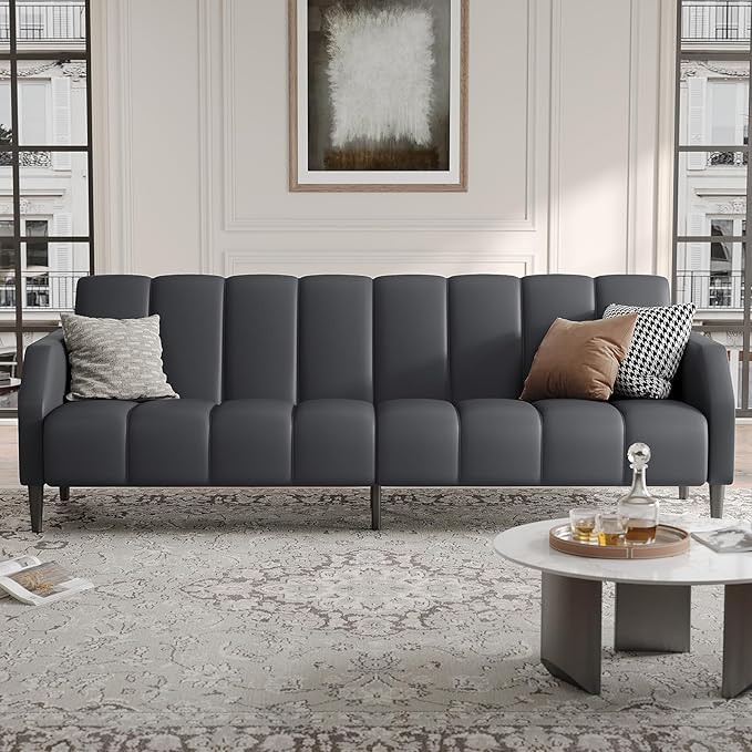 Fadware Faux Leather Couch, Convertible Futon Sofa Bed with Adjustable Backrest, Mid Century Leather Sofa Loveseat with Side Pockets& Metal Leg, Modern Leather Sleeper Sofa for Living Room Bedroom