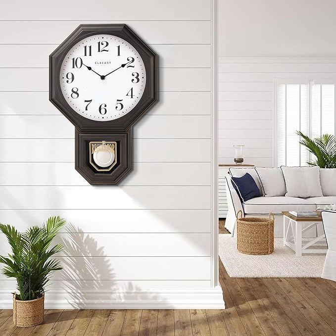 CLXEAST Pendulum Wall Clocks for Living Room Decor, Large Schoolhouse Regulator Clock with Pendulum,Oil Rubbed Bronze Black Plastic,House Warming Gifts New Home,12" W x 17" H