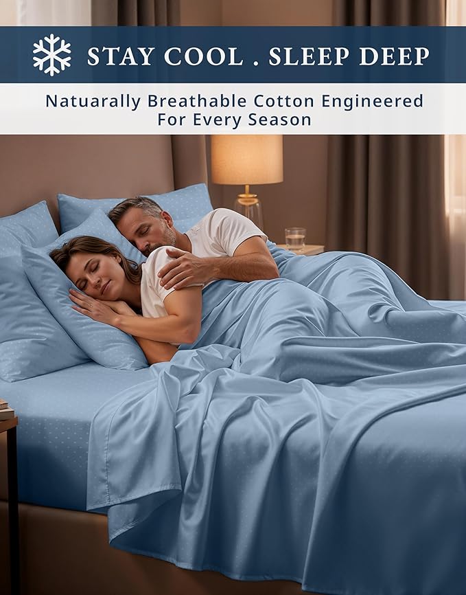 LANE LINEN Luxury Hotel Style 100% Egyptian Cotton Bed Sheets King Size, Mercerized Cotton, Sily Finish, No Pill Fade Resistant King Bedding Sheets & Pillowcases Jaquard Swiss Dot - French Blue