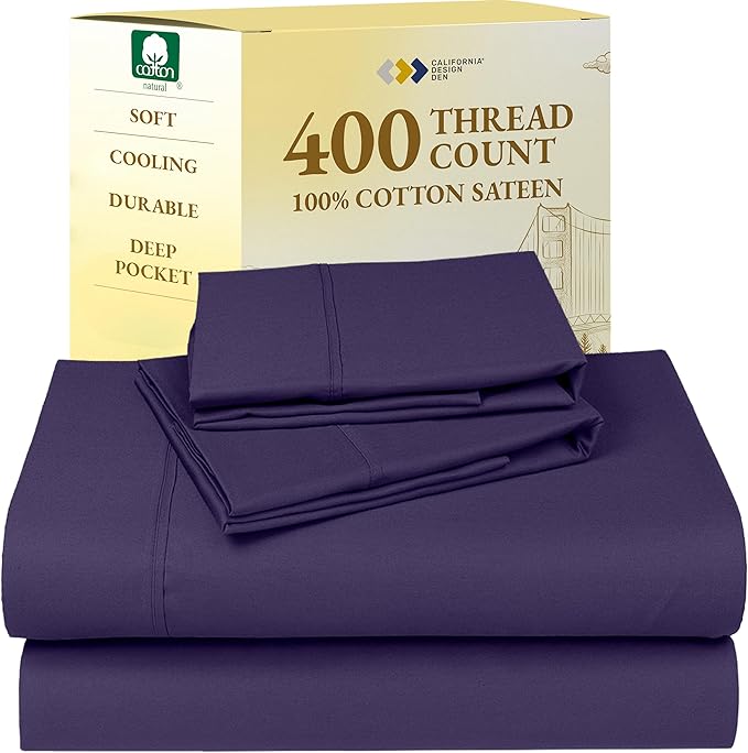 California Design Den Natural 100% Cotton Sheets, Soft Queen Sheet Set, 400 Thread Count Sateen, Deep Pockets with All-Around Elastic for a Snug Fit, Cool & Durable Bedding Set - Dark Purple