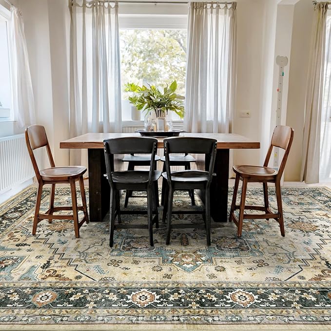 Area Rugs for Living Room 6x9 - Machine Washable Vintage Oriental Soft Rug, Low Pile Thin Floor Carpet with Non Slip Backing for Bedroom, Dorm, Under Dining Room Table, Indoor House, Office Decor
