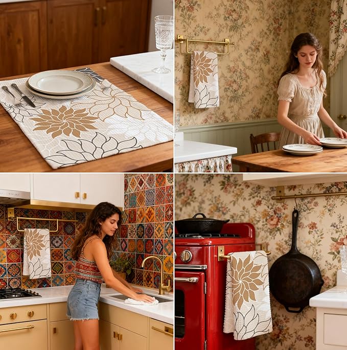 Boho Floral Abstract Waffle Towels, Flower Hand Towel for Bathroom Decor, 16x24 Inch Neutral Brown Flower Dish Tea Towel Decor for Kitchen/Bath/SPA