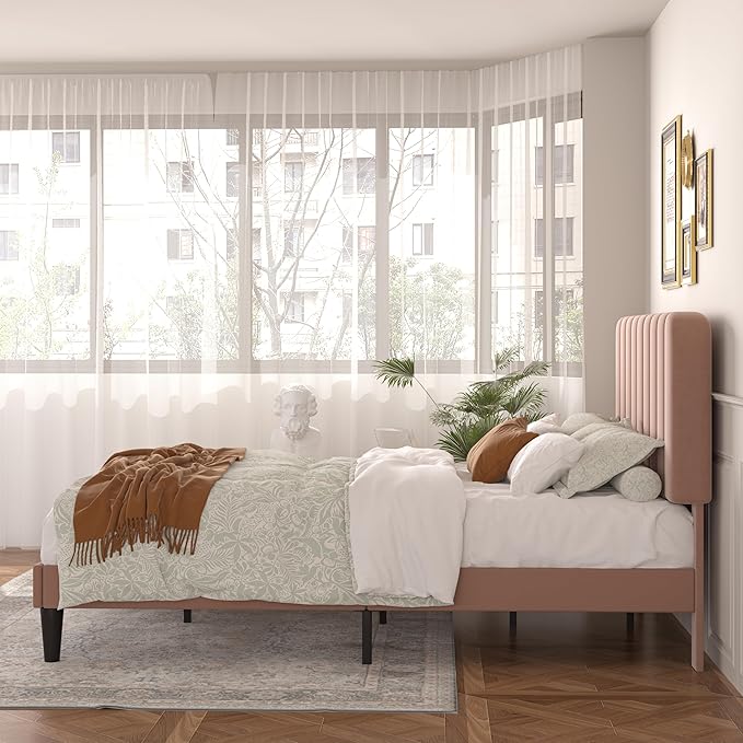 VECELO Queen Size Bed Frame with Upholstered Headboard, Velvet Platform Bedframe Mattress Foundation, Strong Wood Slat Support, No Box Spring Needed,Tan Brown