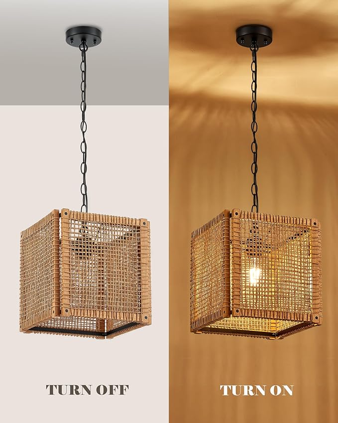 ELYONA 1-Light Rattan Pendant Light, 12" Square Solid Wood Frame Woven Pendant Light Fixtures Boho Adjustable Hanging Chandelier for Dining Room, Kitchen Island, Living Room, Bedroom, Bar, Hallway