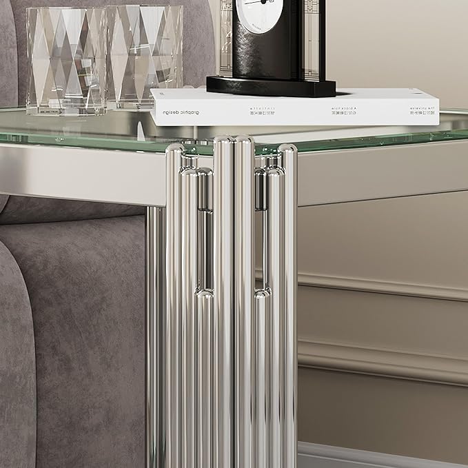 Goujxcy Modern Glass End Table Silver Sofa Side Table with Clear Glass Top and Mirror Stainless Steel Legs, Luxury Square Coffee Tea Table Bedside Tables for Living Room Bedroom, Silver