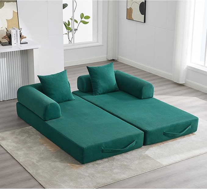 Convertible Sleeper Sofa Bed, Folding Floor Sofa Bed with Fixed-Shape Frame, Corduroy Floor Sleeper Sofa with Storage Pocket, Futon Boneless Sofa Couch for Living Room, Emerald Green