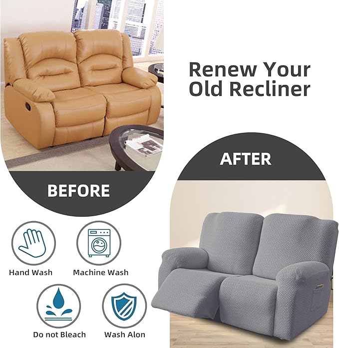 Genina Recliner Loveseat Cover Stretch Couch Covers Sofa slipcover for 2 Seat Reclining Couch Thick Jacquard Furniture Protector (Light Grey)