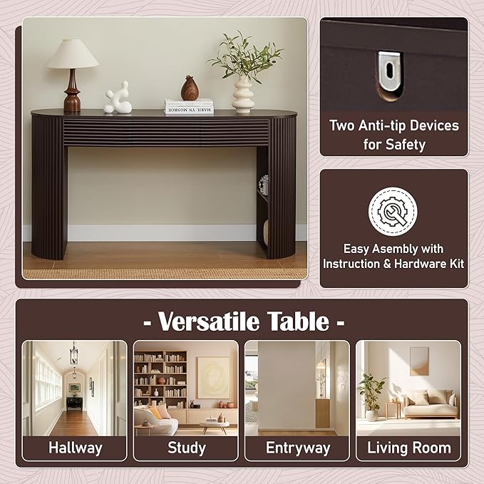 Merax Modern Retro Entryway Table, Rounded Console Table with3 Drawers and Open Hidden Storage for Living Room, Hallway and Office, Espresso
