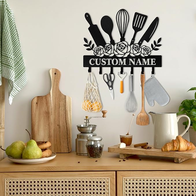 Personalised Key Holder for Wall, Kitchen Theme Key Holder Wall Mount, Kitchen Hooks for Utensils, Decorative Key Hanger Organizer for Dining Room Restaurant Entryway, Home Decor Gifts