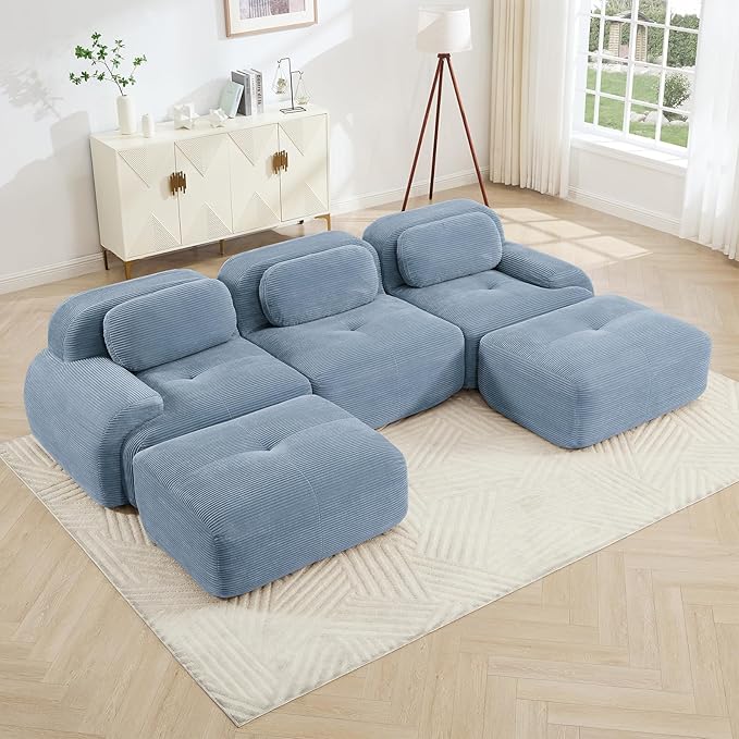 Blue Ottoman for Modular Sectional Sofa, Corduroy Deep Seat for Oversized Compressed Boneless Sectional Couches for Living Room Bedroom Apartment, Cloud Sofa Couch Set, Memory Foam, No Assembly