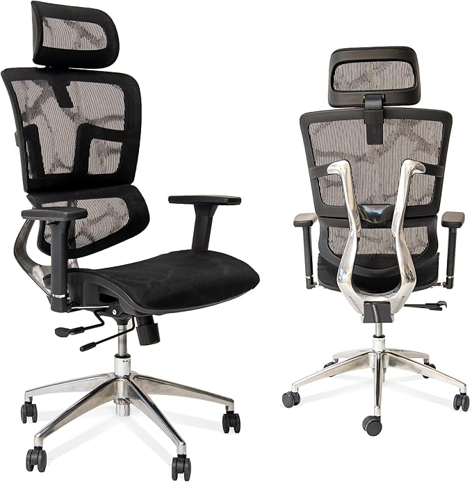 ErgoMax 53 in Tall Black Ergonomic Adjustable Office Chair w/Aluminum Back and Base, Ergonomic Chair with Headrest and Lumbar Support