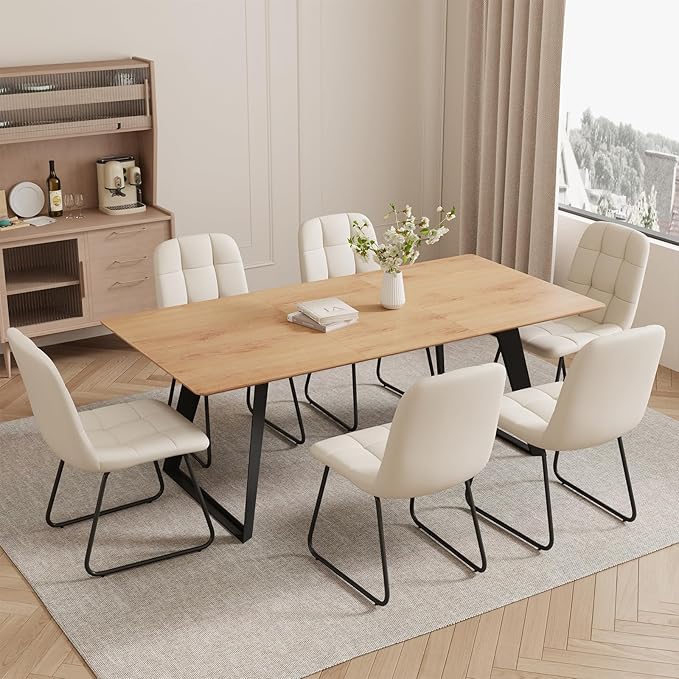 ZckyCine 63"-79" Expandable Dining Table Set for 6, Wood Table & 6 White Chairs, Extendable Kitchen Dining Table Set for Kitchen & Dining Room, Modern Oak & White