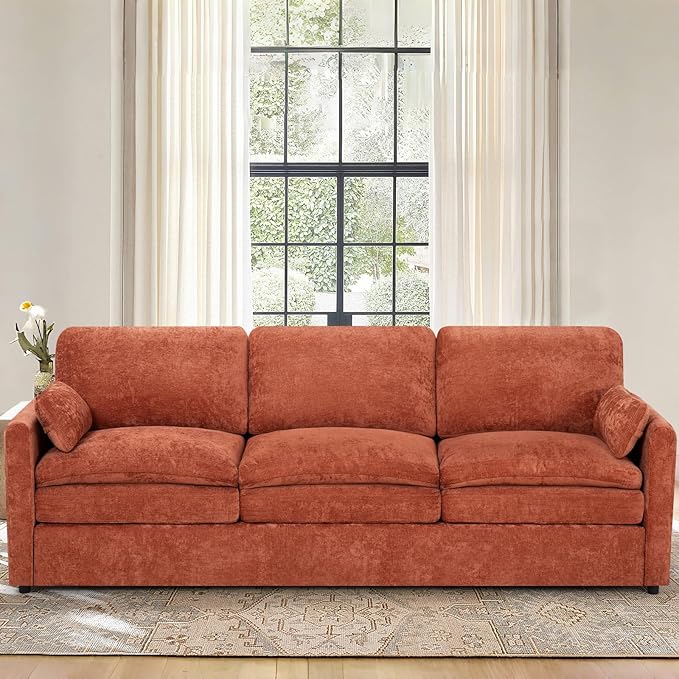 3 Pieces Chenille Sofa Set w/Arm Pillows, Upholstered 2 Pieces Loveseat & 3 Seater Sofa w/Comfortable Back Cushions, Modern 2-Seat & 3-Seat w/High-Density Foam for Living Room, Orange