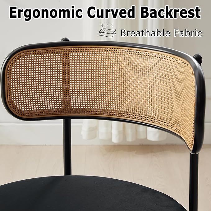 Rattan Dining Chairs Set of 6, Mid Century Modern Dining Chairs with Cane Back and Boucle Upholstered Seat, Farmhouse Kitchen Chairs for Dining Room and Living Room, Black