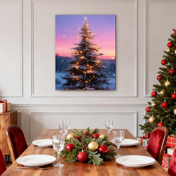Framed Christmas Pictures Wall Decor,Vintage Pine Tree Prints,Winter Christmas Canvas Wall Art Decoration for Bedroom Bathroom Living Room Rustic Xmas Holiday Gifts (Christmas Tree 12, 12'' X 16'')