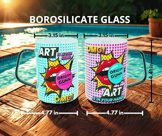 Origin Gunn 17oz Glass Coffee Mugs Set of 2 – Pop Art colorful design, borosilicate glass lightweight cups – dishwasher safe, large coffee mugs gift-ready box for coffee lovers
