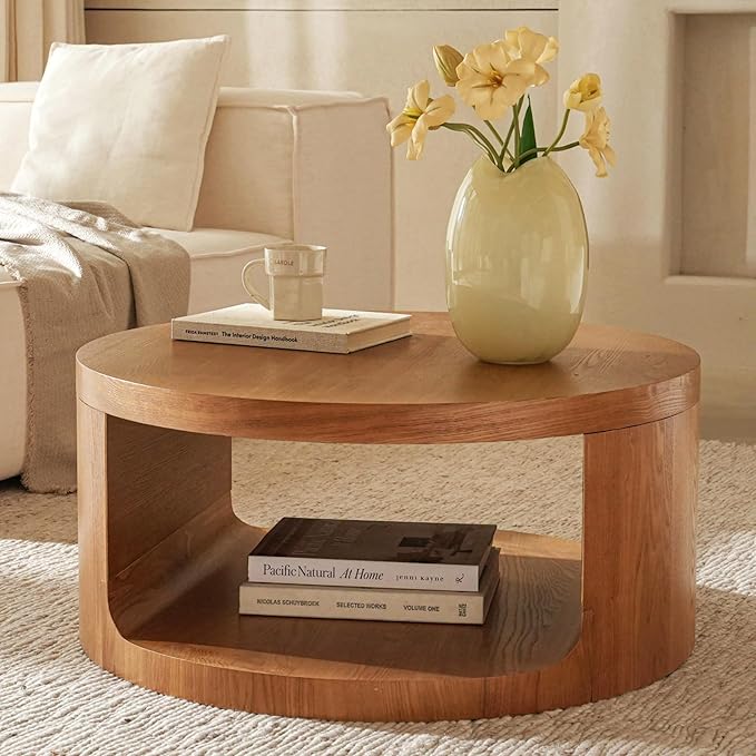 Round Coffee Table with Storage, 31.5" Modern Living Room Table, 2 Tier Circle Wood Center Tables for Apartment, Living Room, Open-Style Storage Cocktail Tables, 31.5"*15.7" (Nature Wood)