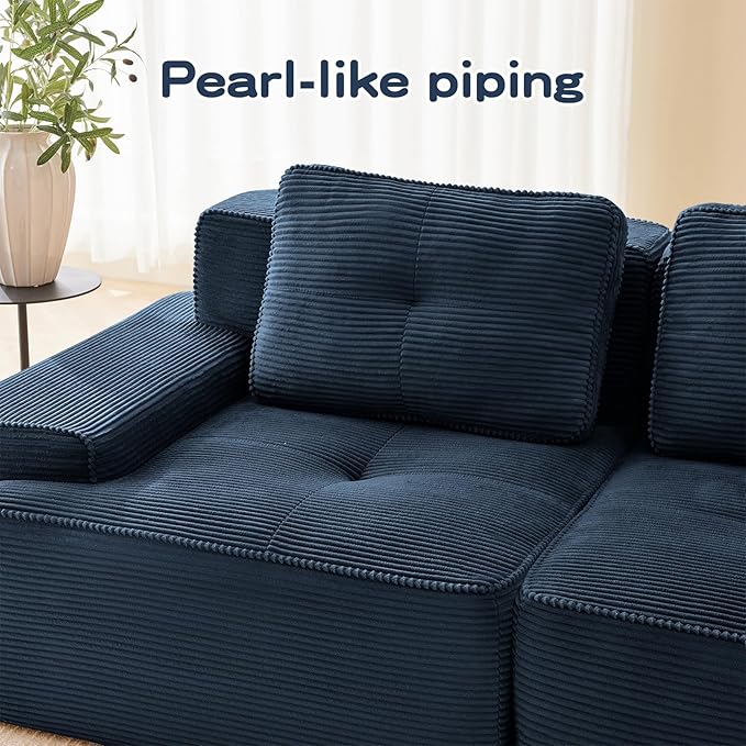 150" Modern Corduroy Cloud Sofa with Ottoman, L Shaped Boneless Modular Large Sectional Couches for Living Room, Blue 4 Seater Compressed Memory Foam Couch, Extra Deep Seat, No Assembly