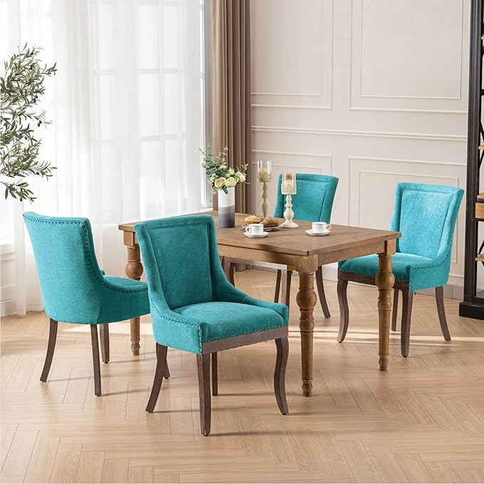 Farmhouse Dining Chairs Set of 6, Upholstered Fabric Dining Room Accent Chairs with Wood Legs & Bronze Nailhead, High Wingback Kitchen Chairs for Living Room Hotel Apartment, Blue