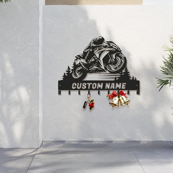 Personalized Motorcycle Metal Key Holder, Custom Last Name Metal Wall Sign, Hanging Storage Rack for Garage and Home Decor (Style-4)