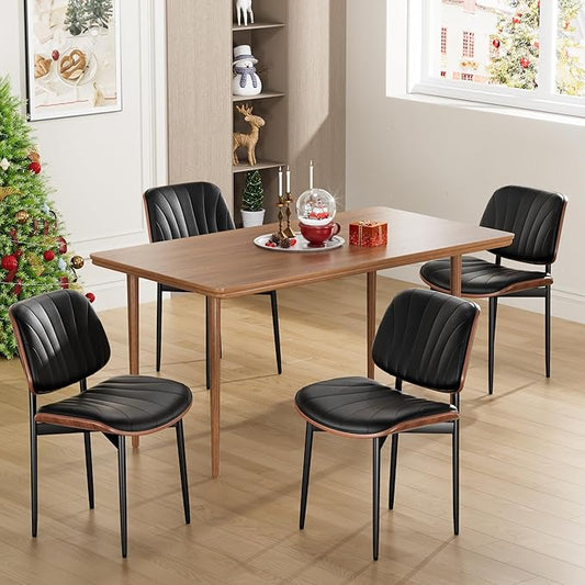 Dining Chairs Set of 4, Mid-Century Modern Upholstered PU Leather Chairs with Walnut Bentwood Back and Metal Legs Adjustable Feet for Kitchen Dining Room, Black Shell Strips