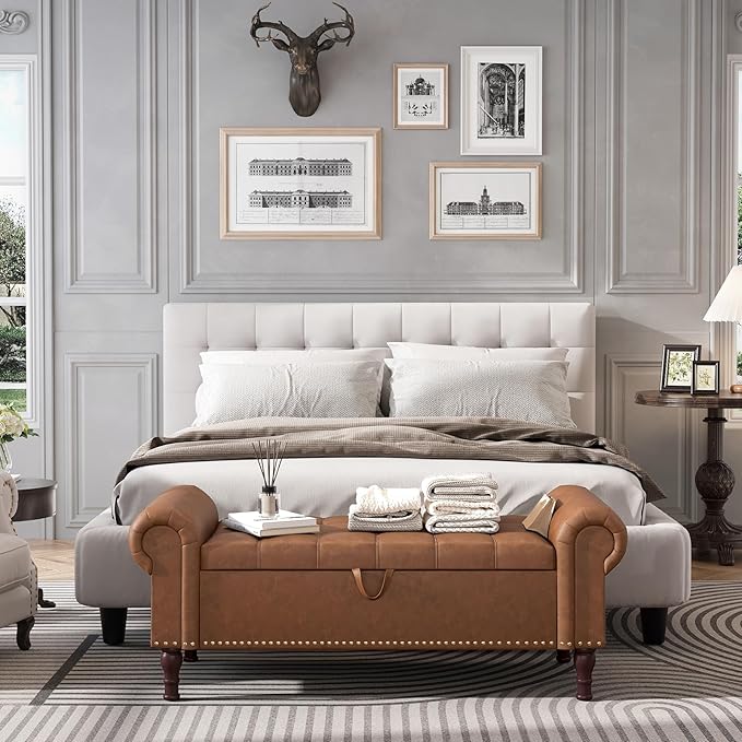 Apicizon 51” Bench with Storage, Upholstered Tufted Button Bedroom Bench with Storage, Faux Leather Ottoman Bench for Bedroom, Living Room, Entryway, Yellow Brown
