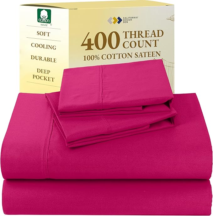 California Design Den Natural 100% Cotton Sheets Full Size Bed - 400 Thread Count Sateen, Deep Pockets with All Around Elastic, Soft, Cool and Durable Bedding - Hot Pink