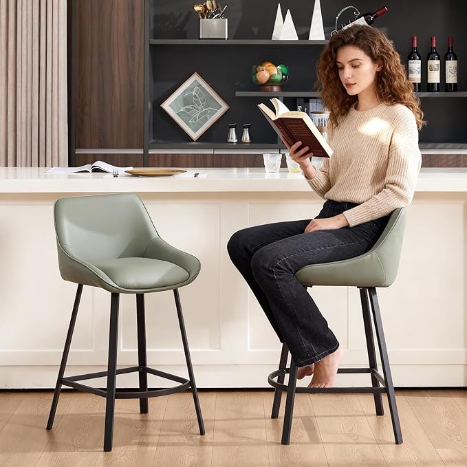 26" Modern Bar Stools Set of 2, Faux Leather Upholstered Bar Stools, Counter Height Bar Chairs with Back for Kitchen, Dining Room, Cafe, Bar - Green