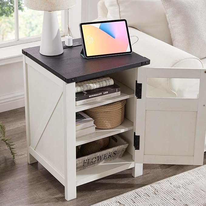 Nightstand with Charging Station, 18" Farmhouse End Table with Barn Door & Adjustable Shelf, Wood Sofa Side Table with 3-Tier Storage for Living Room, Bedroom, White