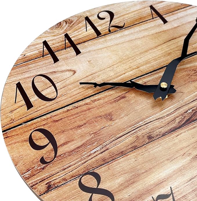 Plumeet Wall Clock, 12'' Frameless Wooden Wall Clocks with Silent Quartz Movement, Rustic Country Village Walnut Clocks Decorative for Kitchen Bedroom Living Room, Brown
